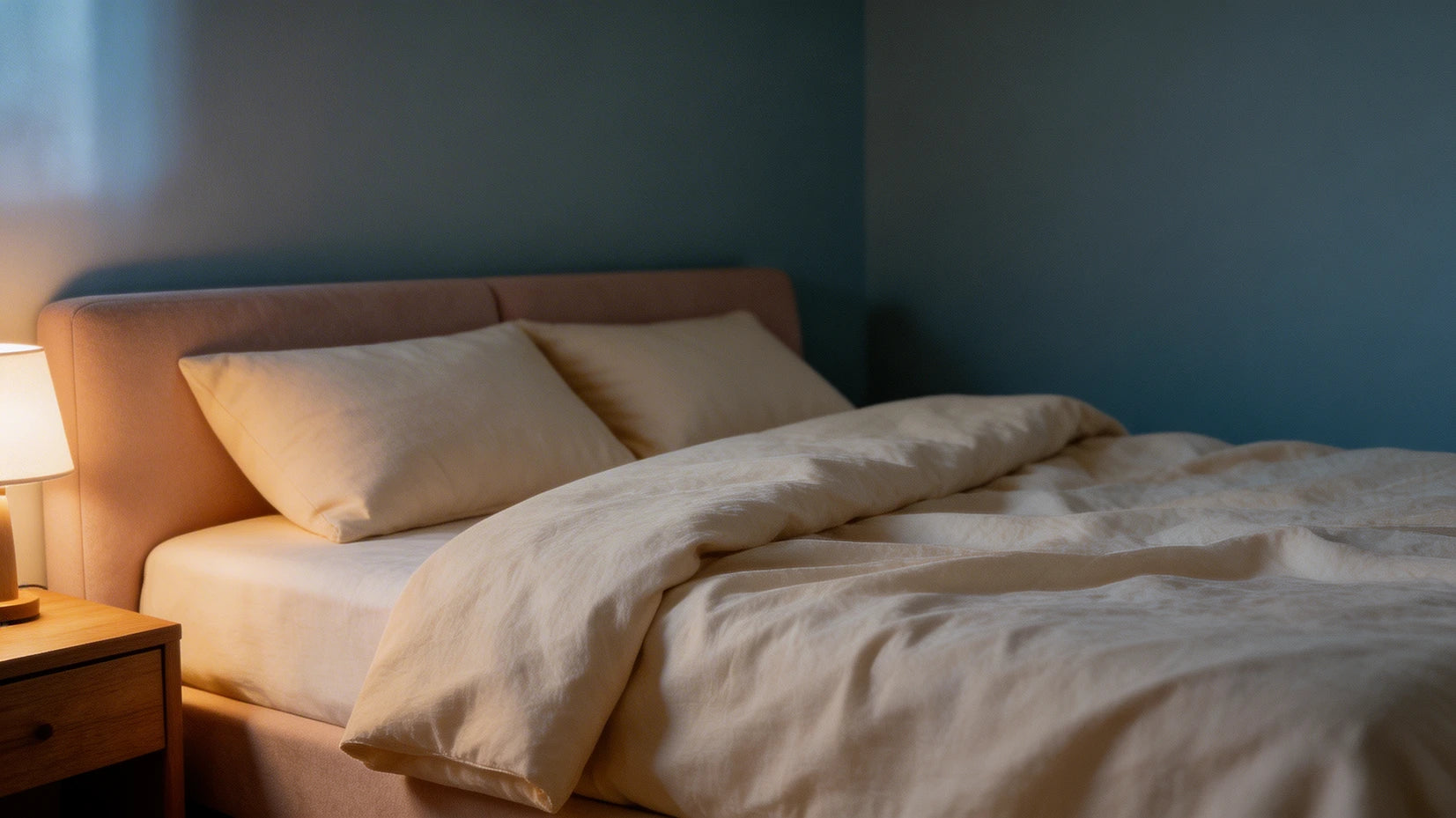 Neatly made bed with beige bedding in a dimly lit bedroom.
