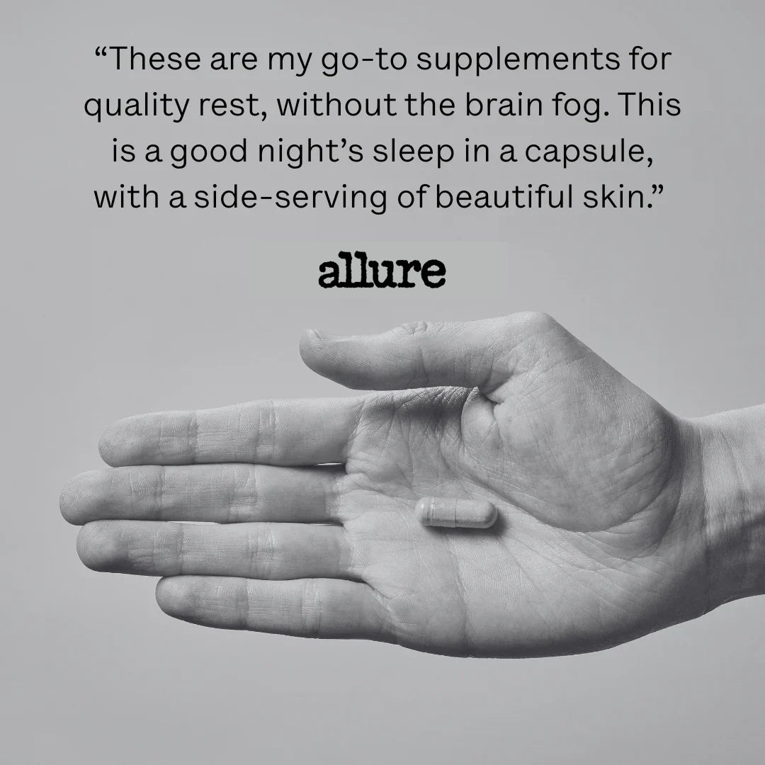 Hand holding a supplement capsule with text about supplements for quality rest and beauty on a gray background.