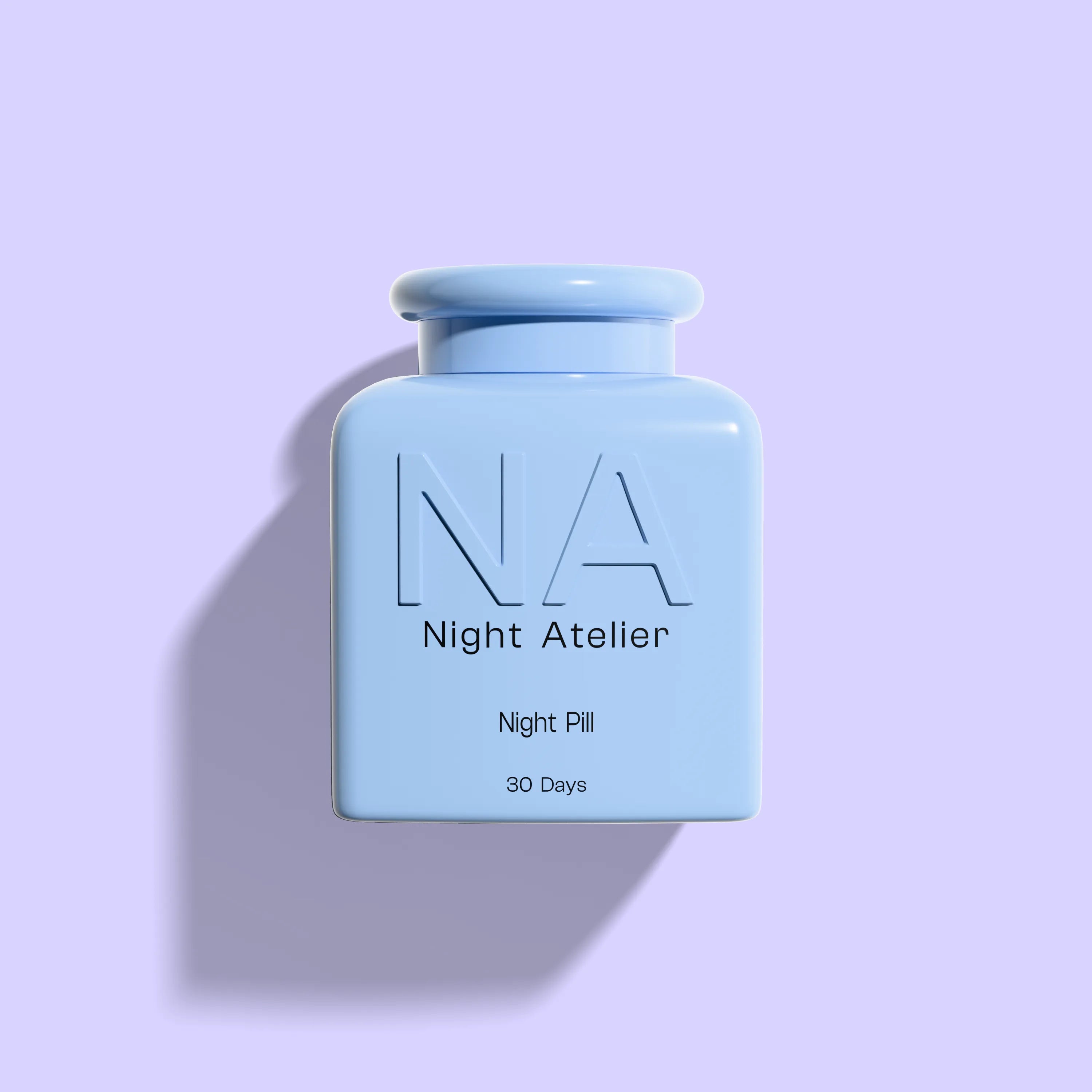 Blue bottle labeled 'Night Atelier' on a light purple background