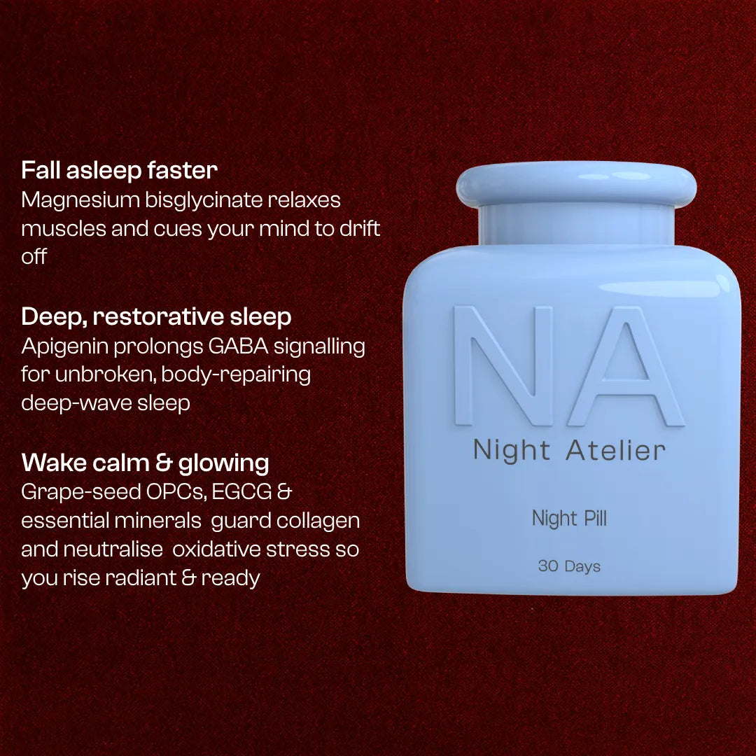 Blue bottle labeled 'Night Atelier' on a red background with product description text.