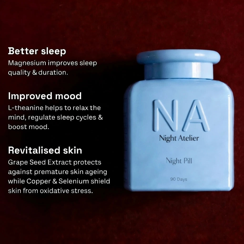 Blue bottle labeled 'Night Atelier' with text about sleep, mood, and skin benefits on a dark background.