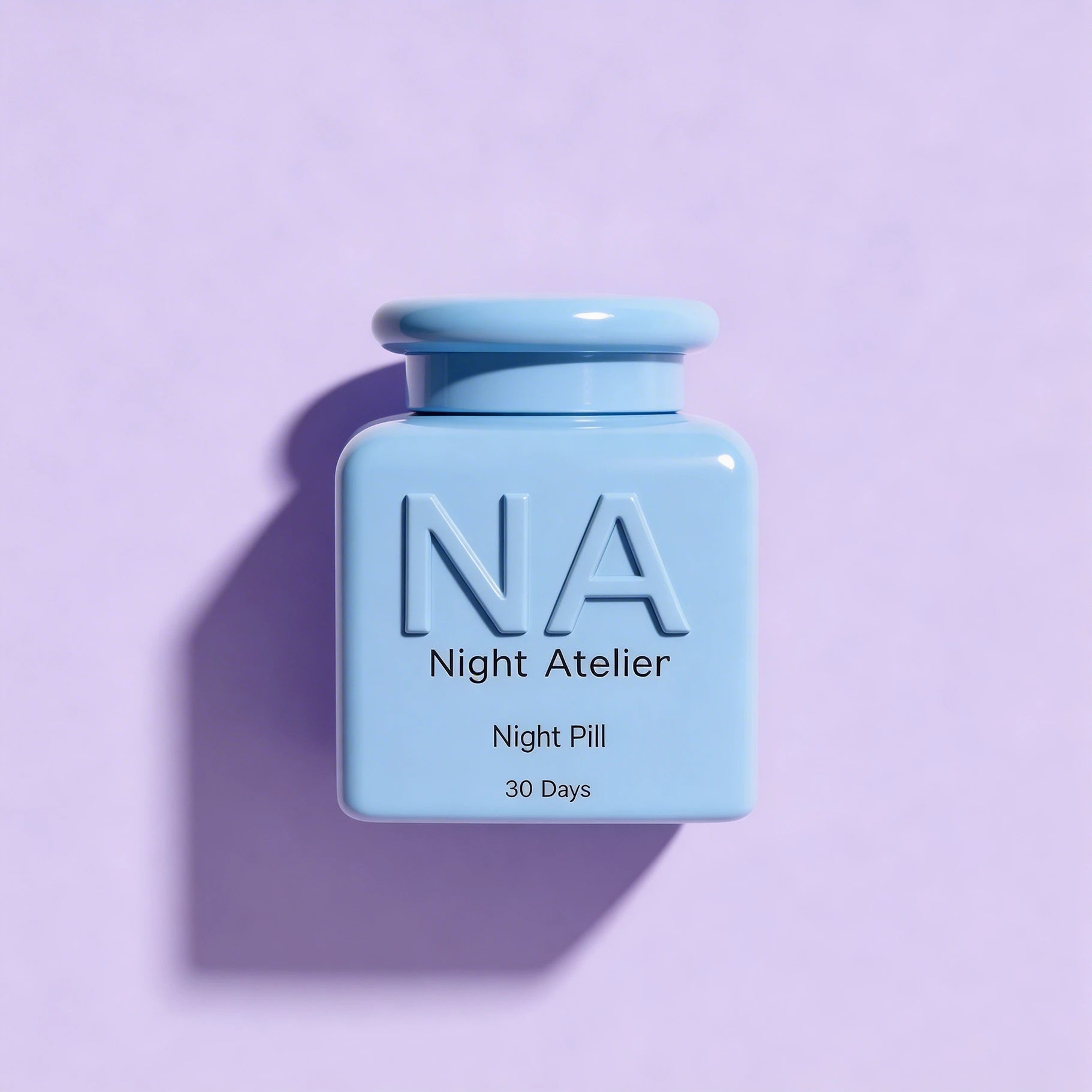 Blue bottle labeled 'Night Atelier' on a purple background