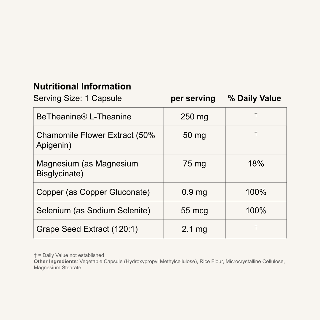 Nutritional information table for a Night Atelier supplement capsule with various ingredients and their amounts.