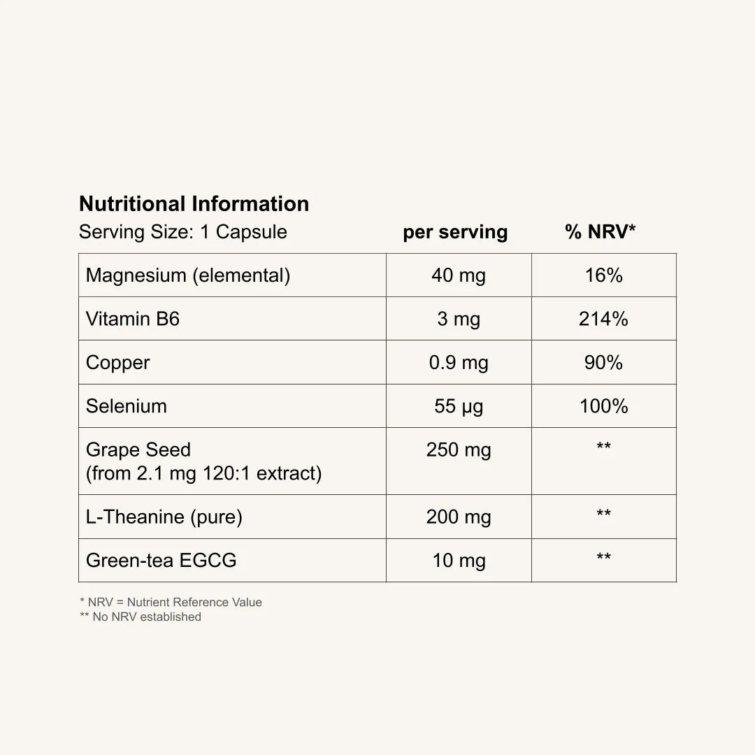 Nutritional information table for a Night Atelier Night Pill capsule on a white background