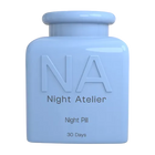 Blue bottle labeled 'Night Atelier Night Pill' on a white background