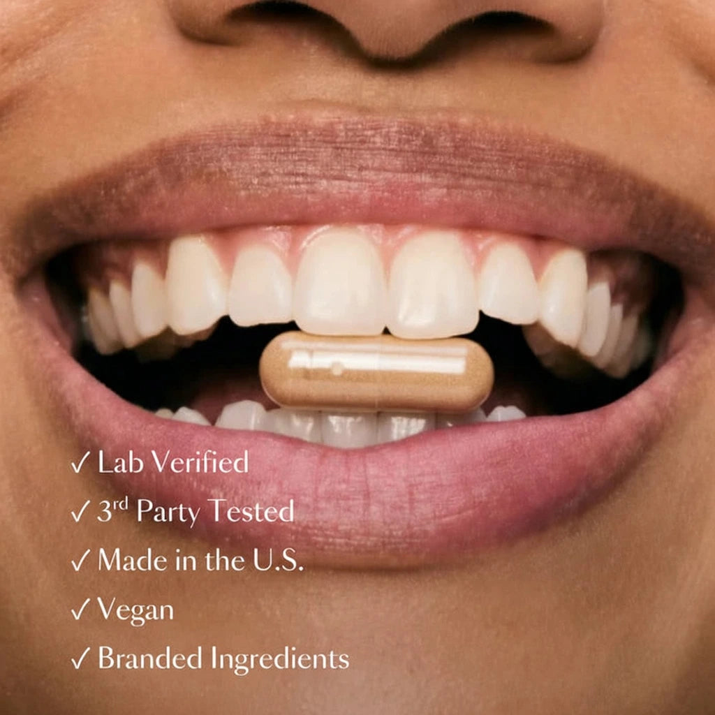 Close-up of a mouth with a supplement pill, featuring text about product verification and features.
