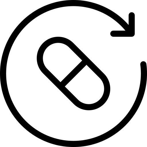 Black icon of a pill with a circle and arrow on a white background
