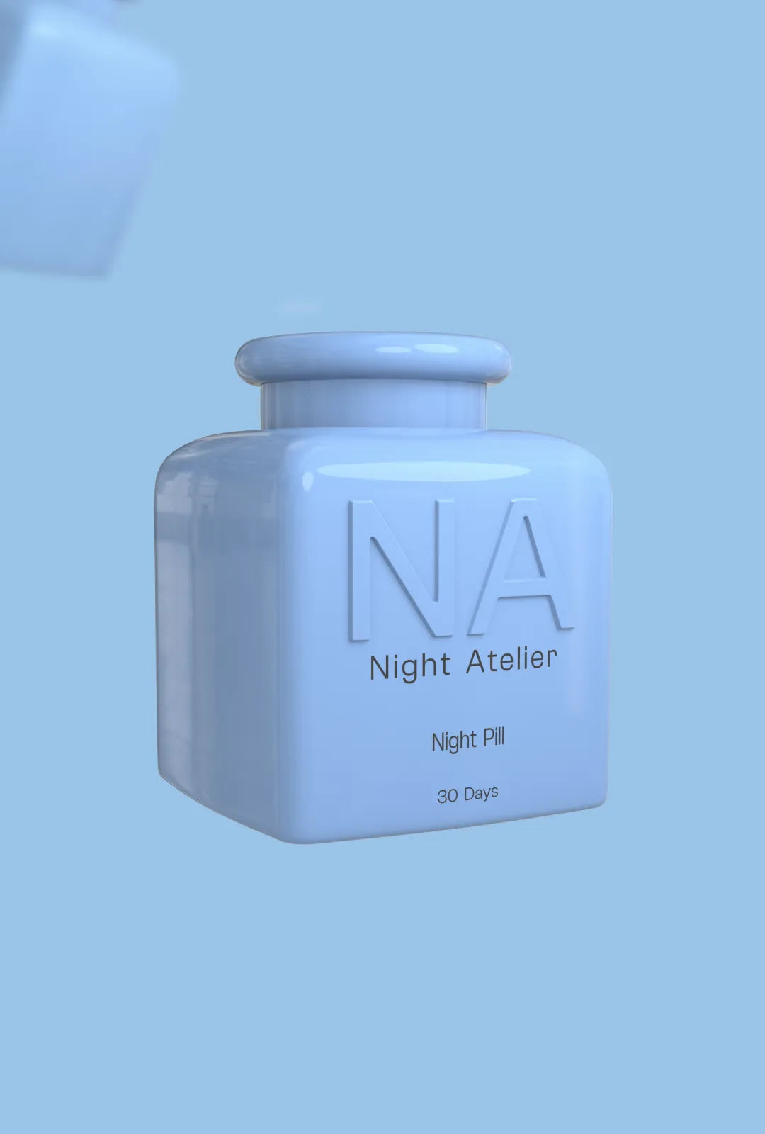 Blue bottle labeled 'Night Atelier' on a light blue background