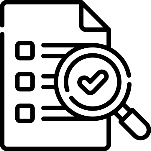 Icon of a magnifying glass with a check mark over a document with checkboxes.