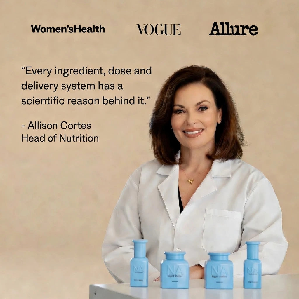 Woman in a lab coat with blue bottles on a beige background, featuring brand logos.
